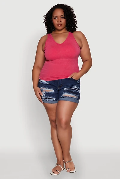 Womens Plus Size Seamless Mineral Wash Shelf Bra Tank Top, Pink, Size 2X-3X