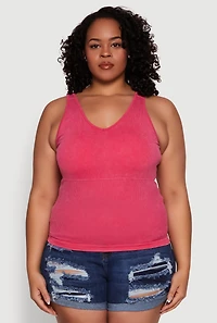 Womens Plus Size Seamless Mineral Wash Shelf Bra Tank Top, Pink, Size 1X-2X