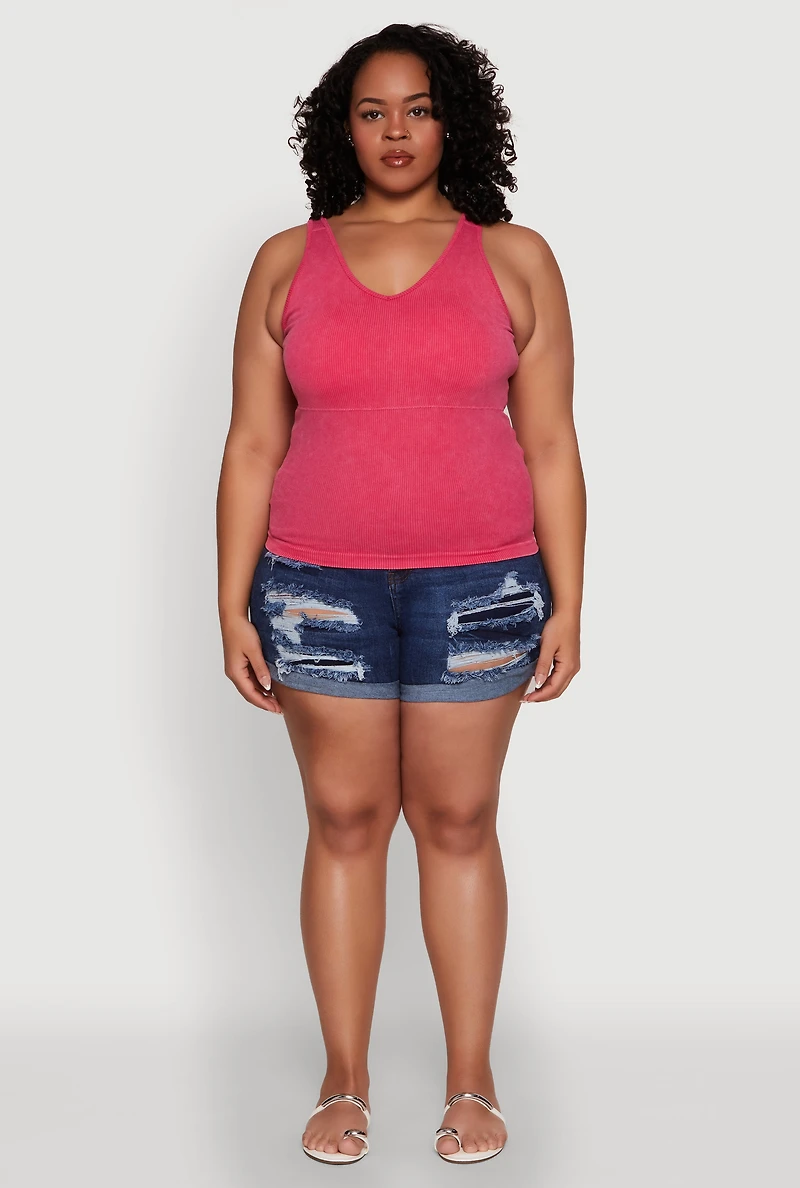 Womens Plus Size Seamless Mineral Wash Shelf Bra Tank Top, Pink, Size 1X-2X