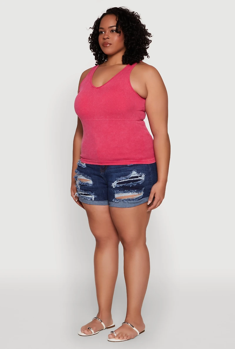 Womens Plus Size Seamless Mineral Wash Shelf Bra Tank Top, Pink, Size 1X-2X