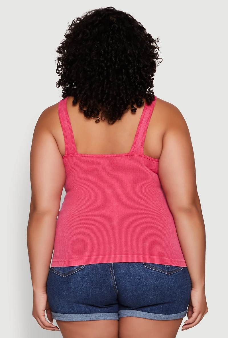 Womens Plus Size Seamless Mineral Wash Shelf Bra Tank Top, Pink, Size 2X-3X