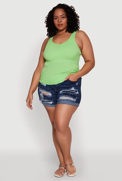 Womens Plus Size Ribbed Knit Seamless Tank Top, Green, Size 2X-3X