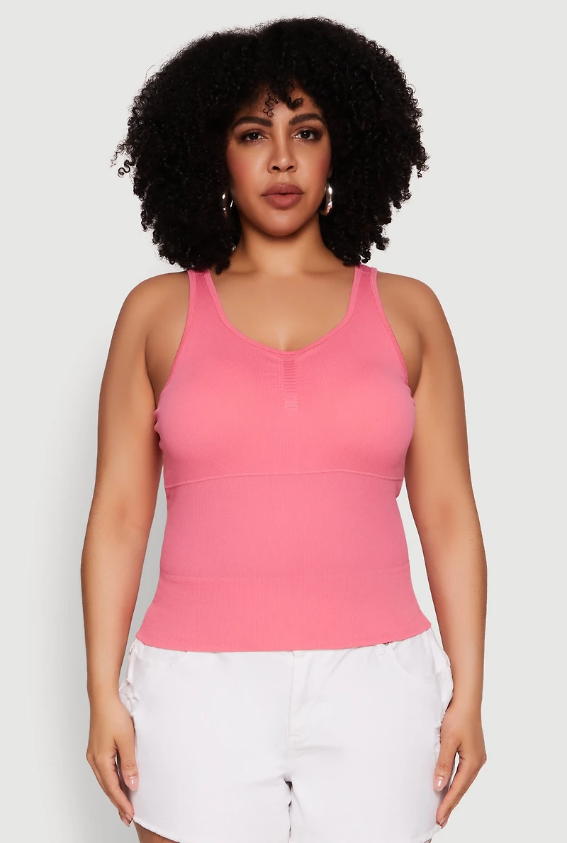 Womens Plus Size Ribbed Knit Seamless Tank Top, Pink, Size 1X-2X