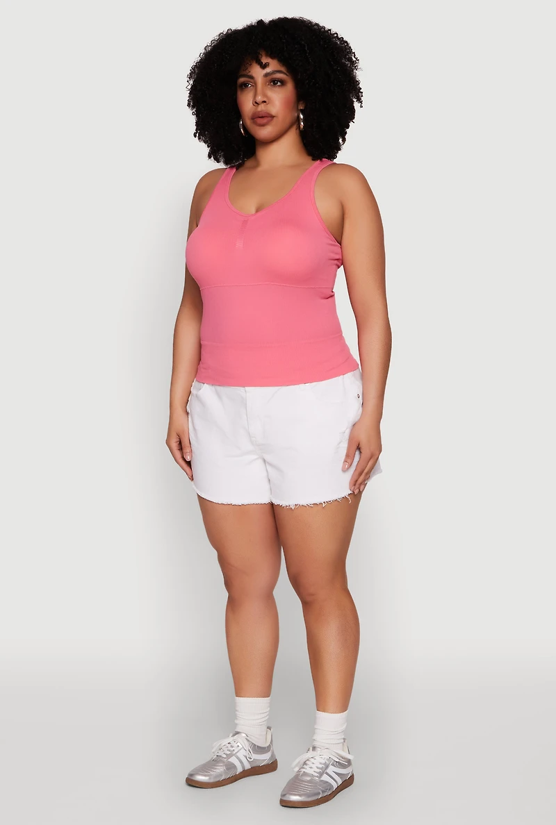Womens Plus Size Ribbed Knit Seamless Tank Top, Pink, Size 1X-2X