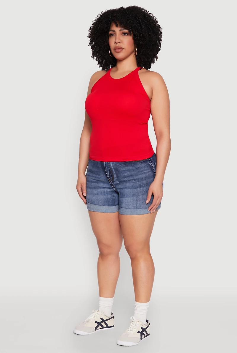 Womens Plus Size Seamless High Neck Tank Top, Red, Size 2X-3X