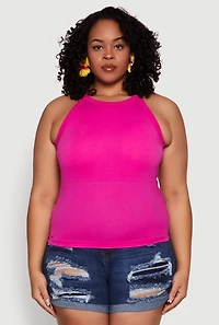 Womens Plus Size Seamless High Neck Tank Top, Pink, Size 2X-3X