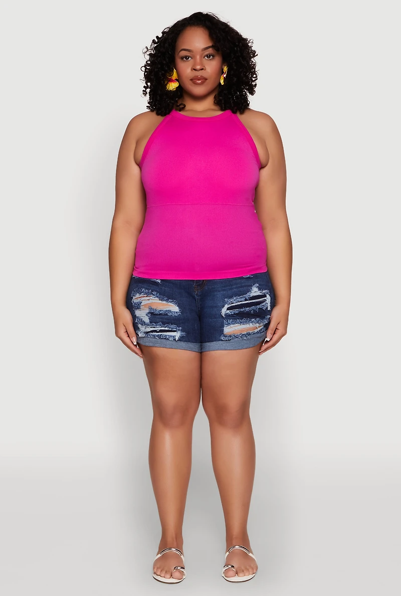 Womens Plus Size Seamless High Neck Tank Top, Pink, Size 2X-3X