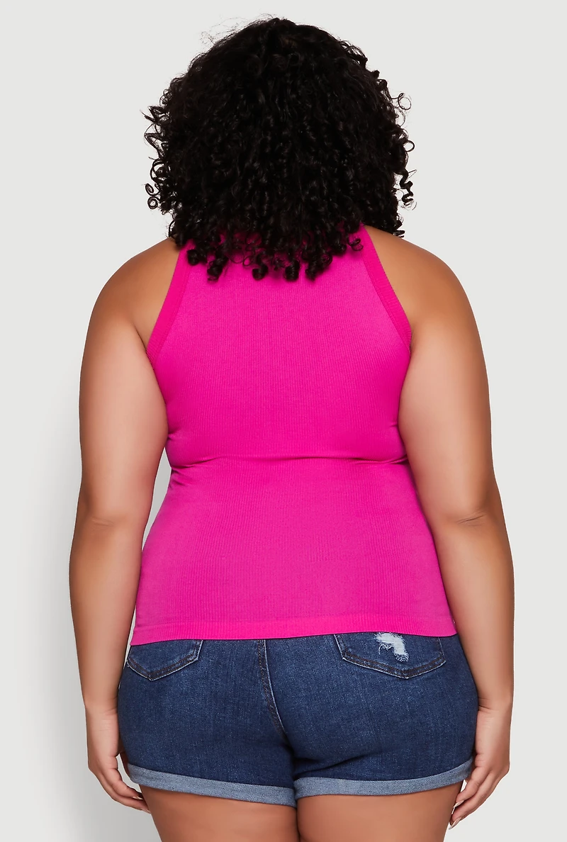 Womens Plus Size Seamless High Neck Tank Top, Pink, Size 2X-3X