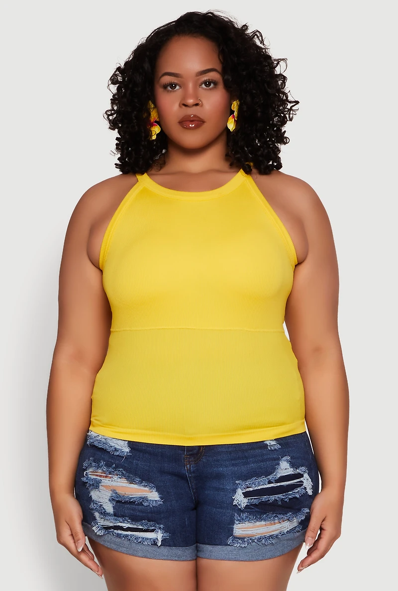 Womens Plus Size Seamless High Neck Tank Top, Yellow, Size 1X-2X