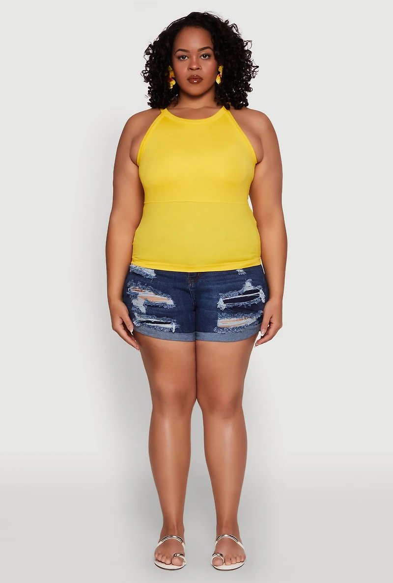 Womens Plus Size Seamless High Neck Tank Top, Yellow, Size 1X-2X