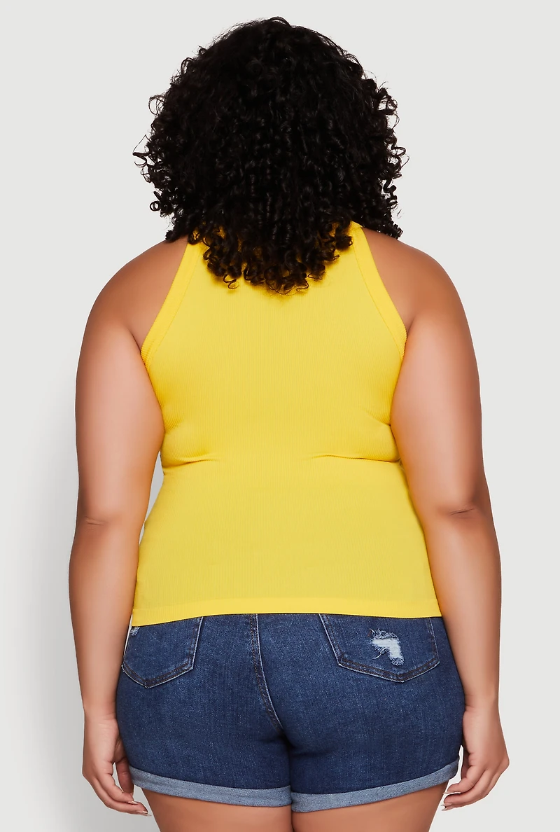 Womens Plus Size Seamless High Neck Tank Top, Yellow, Size 1X-2X