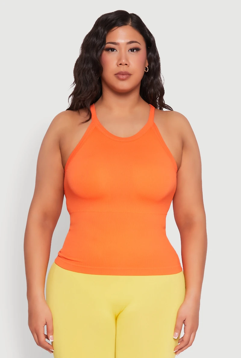 Womens Plus Size Seamless High Neck Tank Top, Orange, Size 2X-3X
