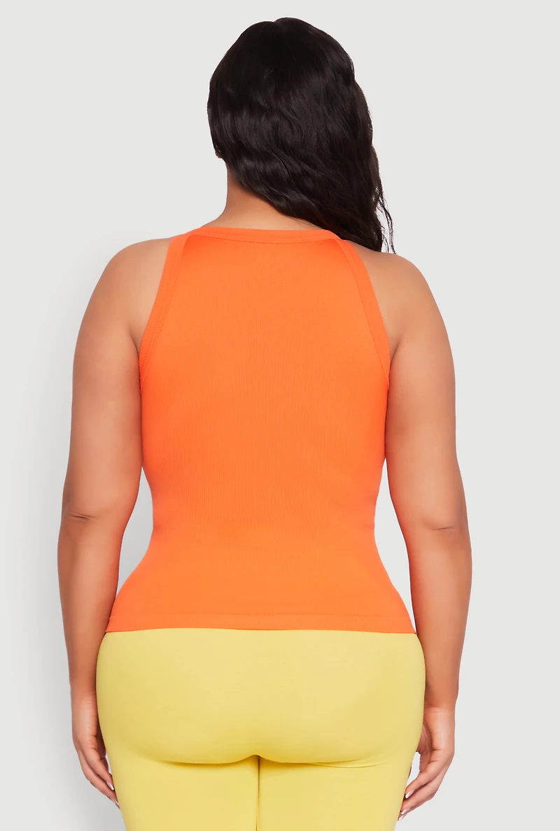 Womens Plus Size Seamless High Neck Tank Top, Orange, Size 1X-2X
