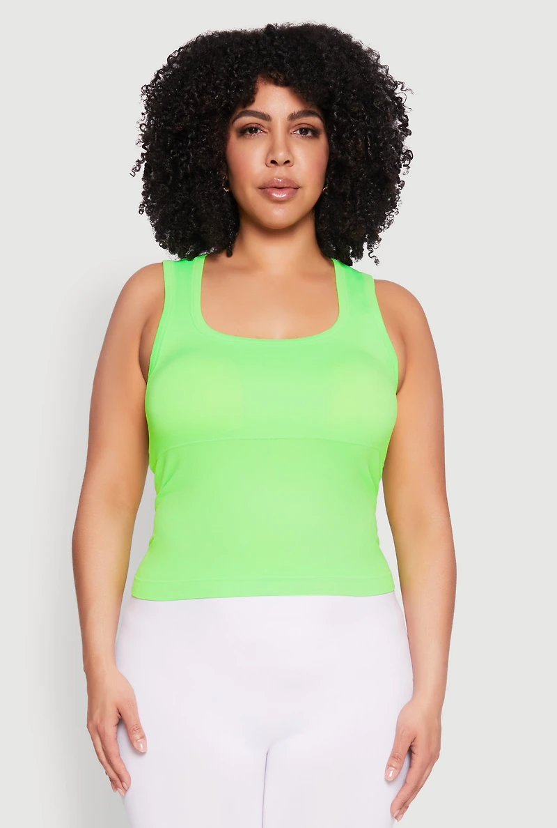 Womens Plus Size Seamless Square Neck Tank Top, Green, Size 2X-3X