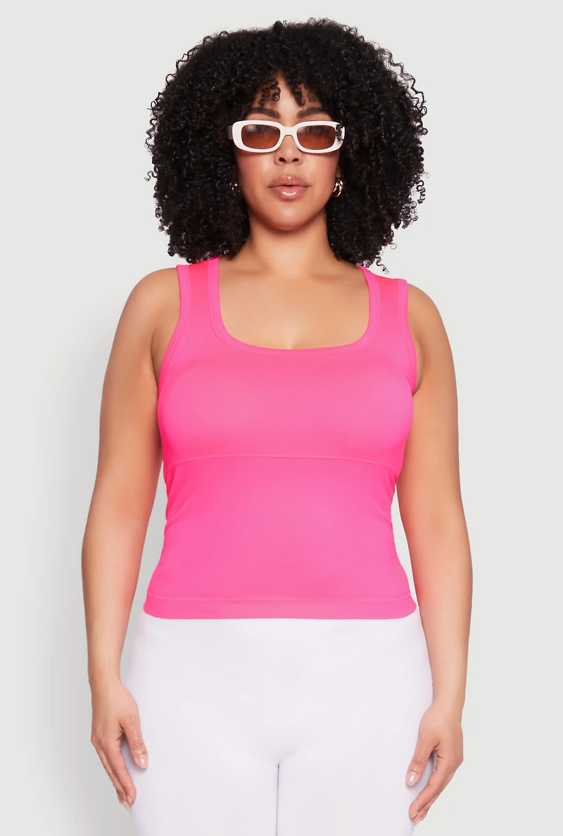 Womens Plus Size Seamless Square Neck Tank Top, Pink, Size 1X-2X