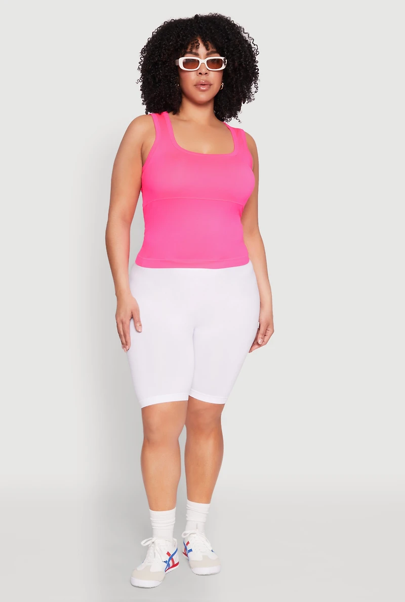 Womens Plus Size Seamless Square Neck Tank Top, Pink, Size 1X-2X