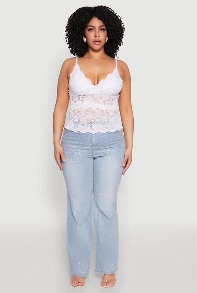 Womens Plus Size Floral Lace Cami, White, Size 2X