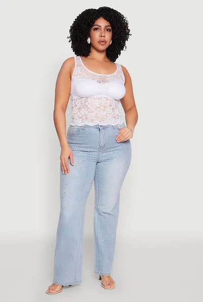 Womens Plus Floral Lace Scoop Neck Tank Top, White,