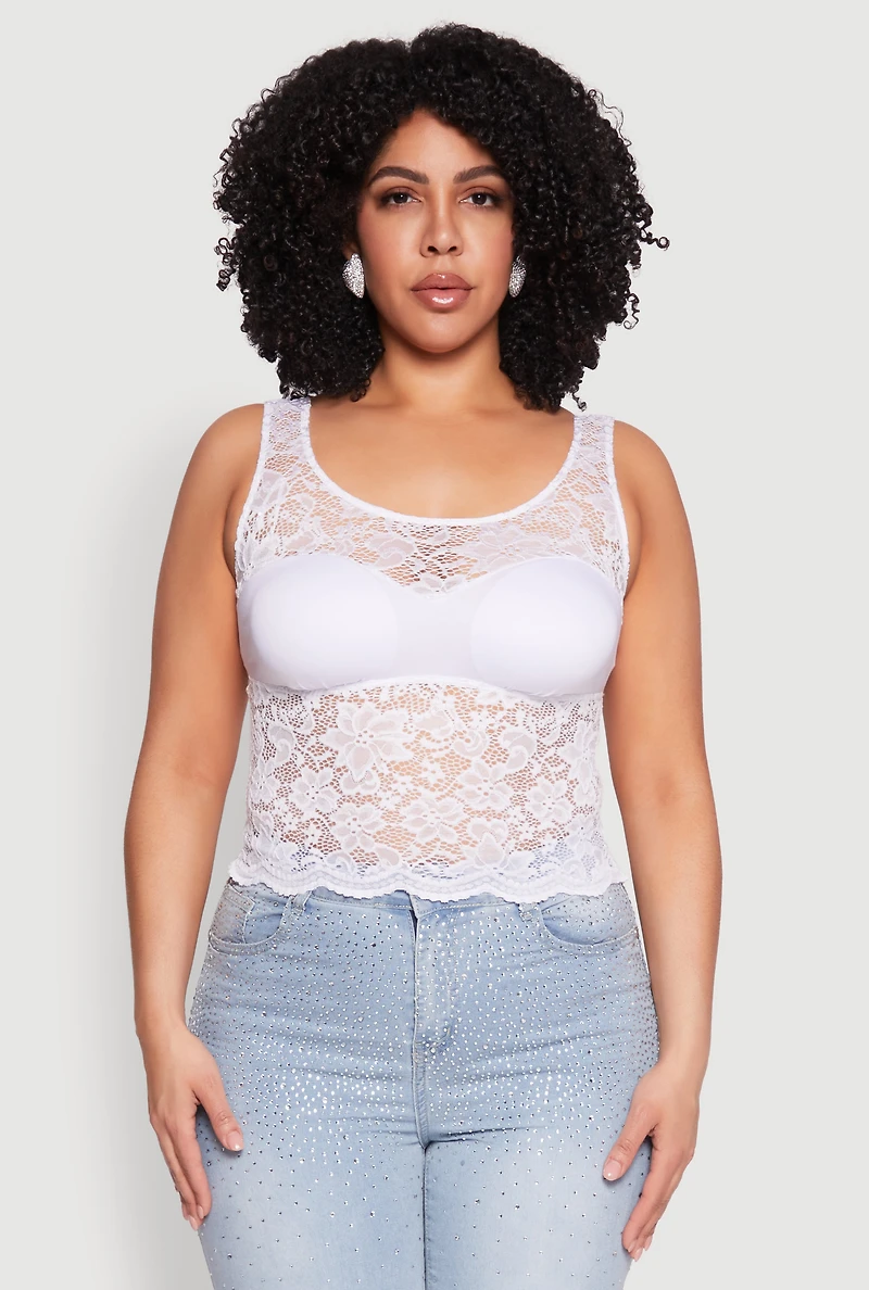 Womens Plus Floral Lace Scoop Neck Tank Top, White,