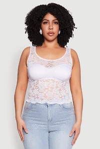 Womens Plus Floral Lace Scoop Neck Tank Top, White,