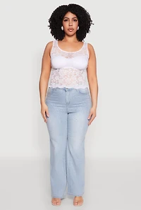 Womens Plus Floral Lace Scoop Neck Tank Top, White,