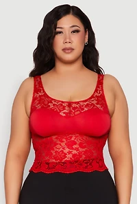 Womens Plus Size Floral Lace Scoop Neck Tank Top, Red, Size 1X