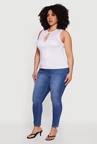 Plus Keyhole Detail Ruched Zip Front Top