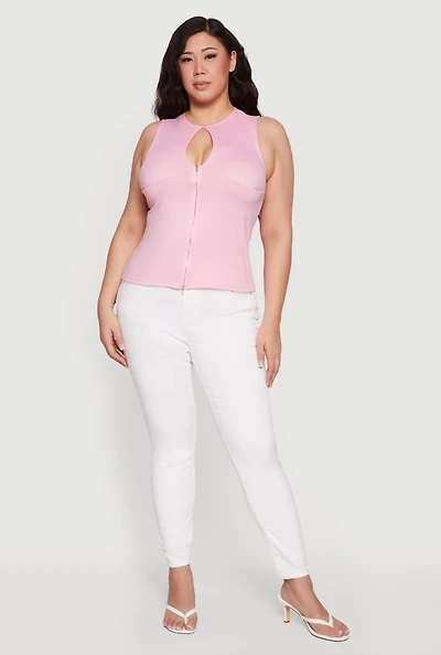 Plus Keyhole Detail Ruched Zip Front Top