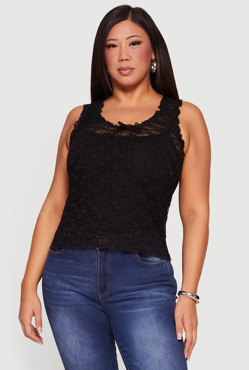Plus Lace Lettuce Edge Bow Detail Tank Top