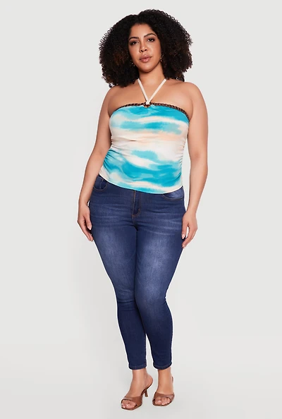 Plus Crochet Detail Side Ruched Halter Top