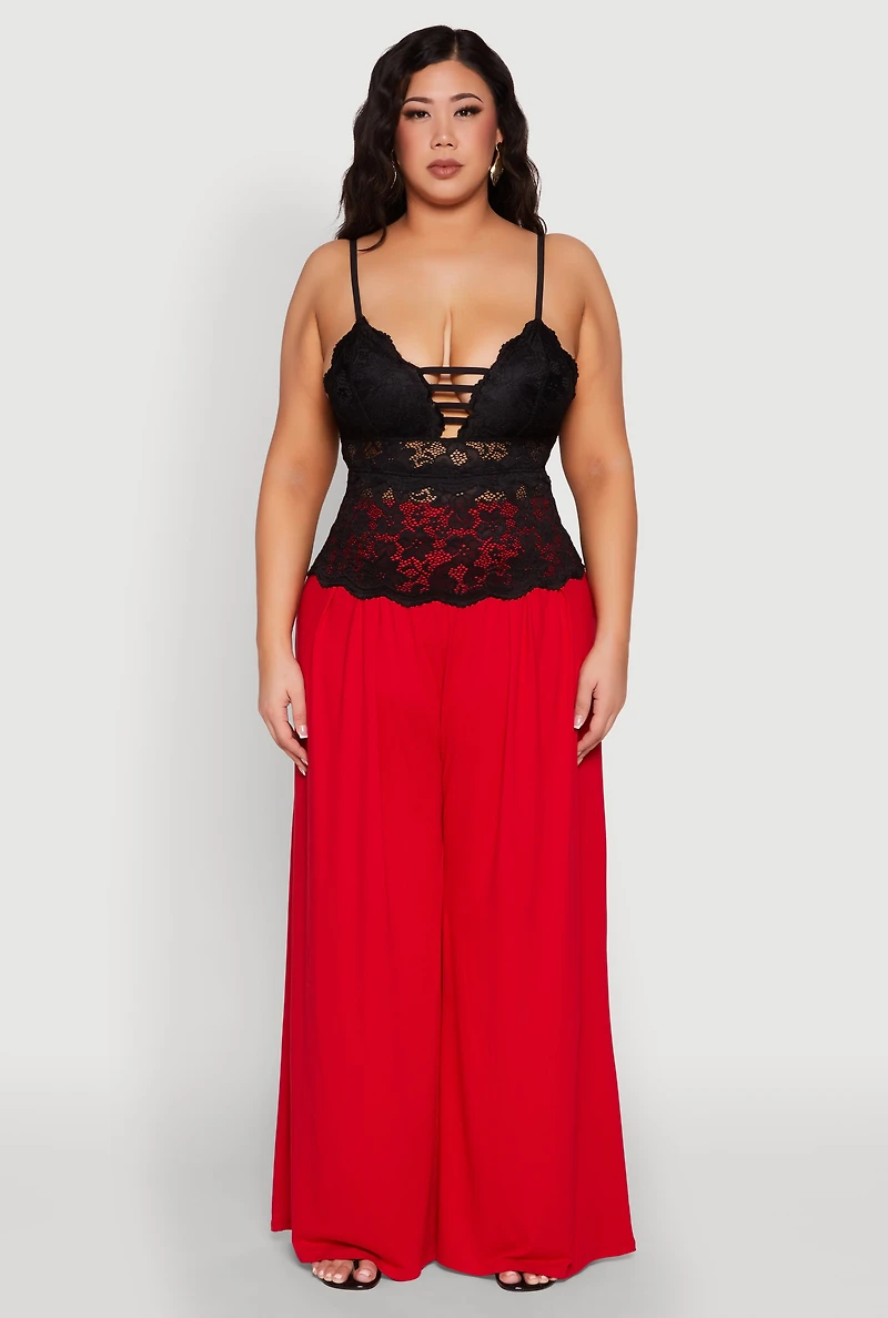 Womens Plus Floral Lace Caged Front Cami, Black,