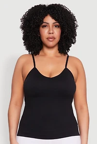 Womens Plus Size Seamless Ribbed V Neck Cami, Black, Size 2X-3X