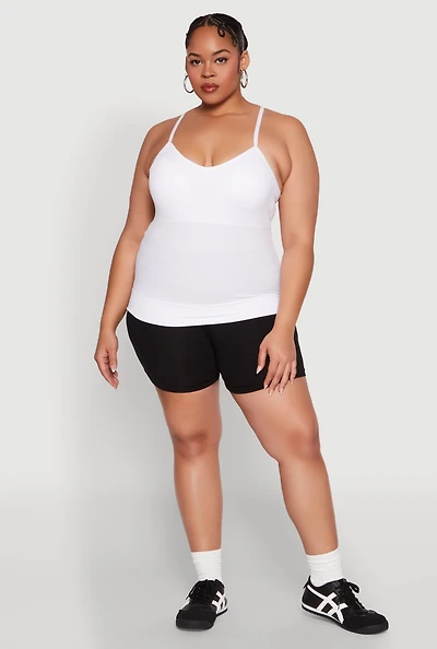 Womens Plus Size Seamless Ribbed V Neck Cami, White, Size 2X-3X