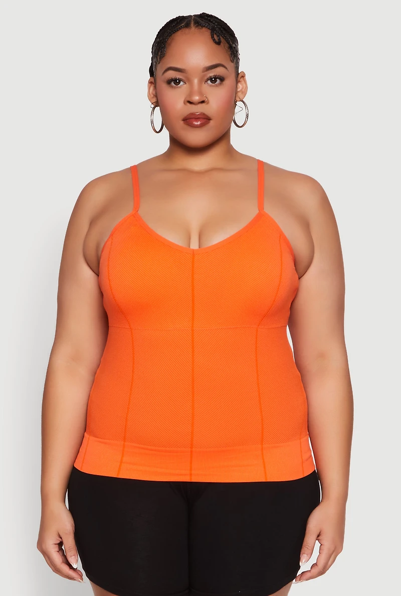 Womens Plus Seamless Ribbed V Neck Cami, Orange,