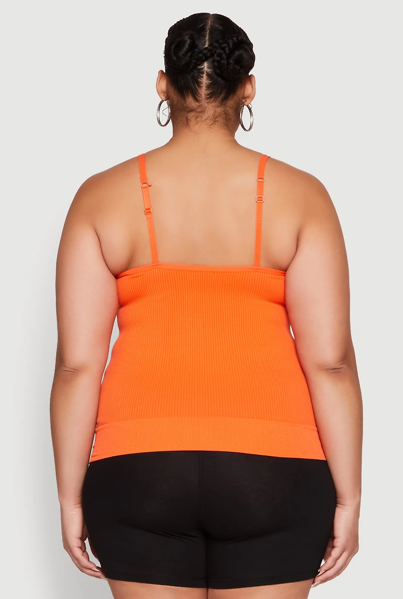 Womens Plus Seamless Ribbed V Neck Cami, Orange,