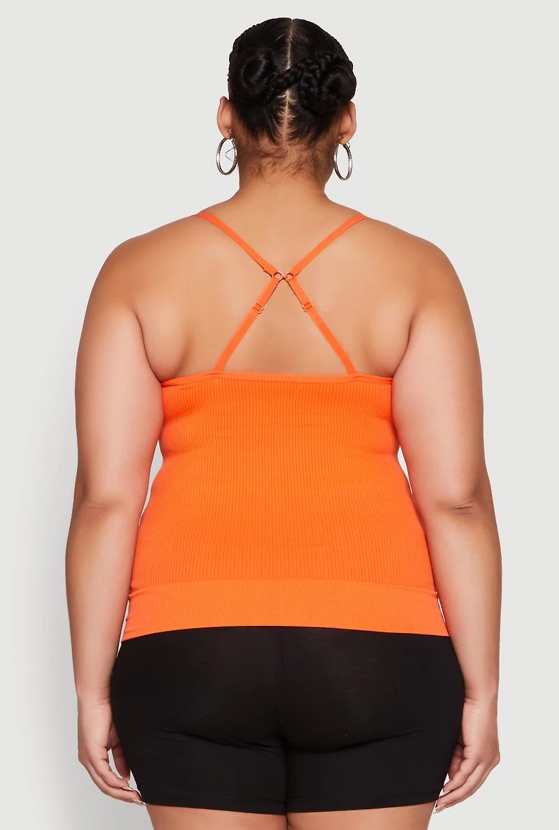 Womens Plus Seamless Ribbed V Neck Cami, Orange,