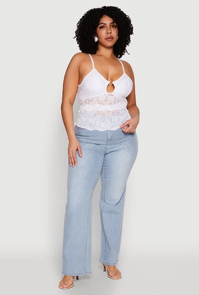 Womens Plus Size Floral Lace Keyhole Cami, White, Size 1X
