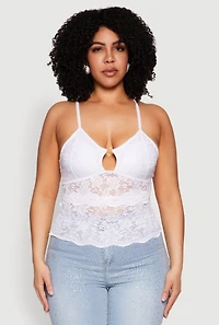 Womens Plus Size Floral Lace Keyhole Cami, White, Size 1X
