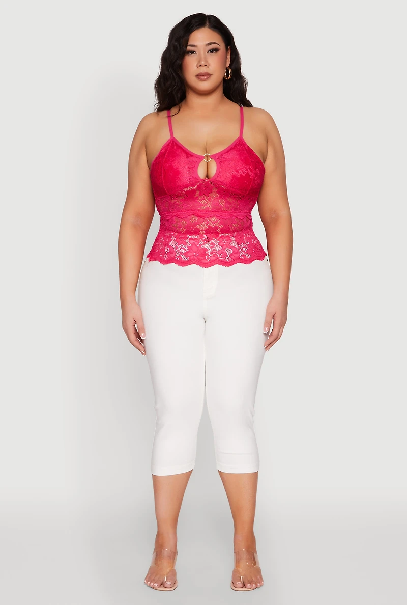 Womens Plus Size Floral Lace Keyhole Cami, Pink, Size 3X