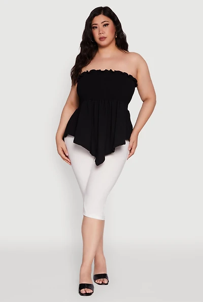 Womens Plus Smocked Strapless Peplum Tube Top Solid Crepe Knit, 2X