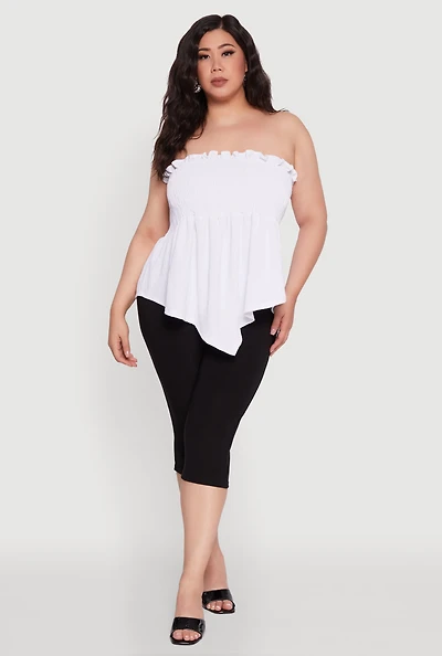 Womens Plus Size Smocked Strapless Peplum Tube Top in Solid Crepe Knit, White, Size 3X