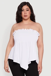 Womens Plus Smocked Strapless Peplum Tube Top Solid Crepe Knit, White,