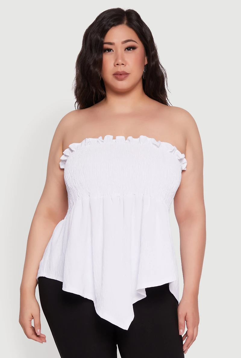 Womens Plus Size Smocked Strapless Peplum Tube Top in Solid Crepe Knit, White, Size 3X