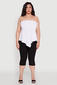Womens Plus Smocked Strapless Peplum Tube Top Solid Crepe Knit, White,