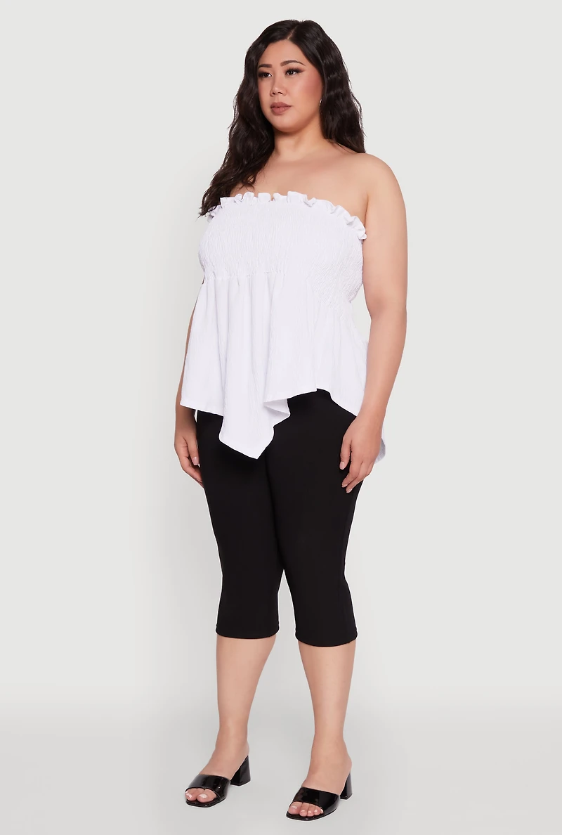 Womens Plus Size Smocked Strapless Peplum Tube Top in Solid Crepe Knit, White, Size 2X