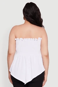 Womens Plus Smocked Strapless Peplum Tube Top Solid Crepe Knit, White,
