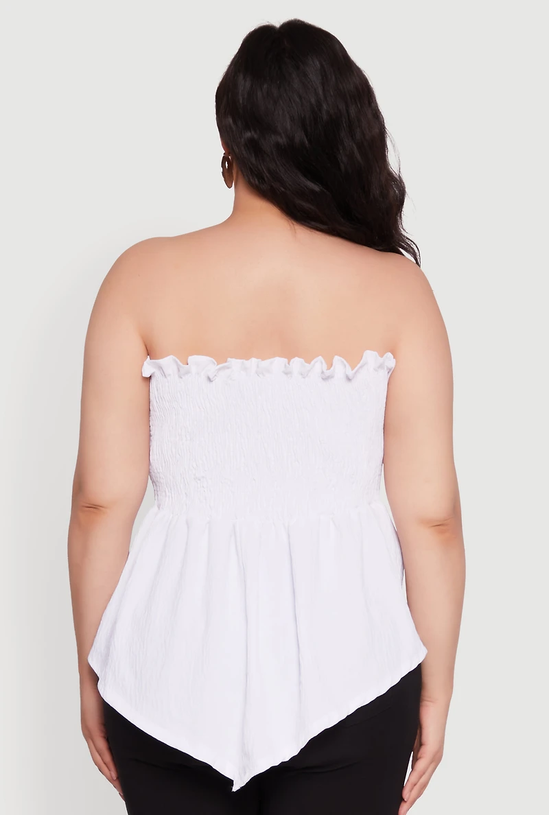 Womens Plus Size Smocked Strapless Peplum Tube Top in Solid Crepe Knit, White, Size 3X