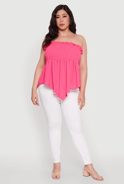 Womens Plus Smocked Strapless Peplum Tube Top Solid Crepe Knit,