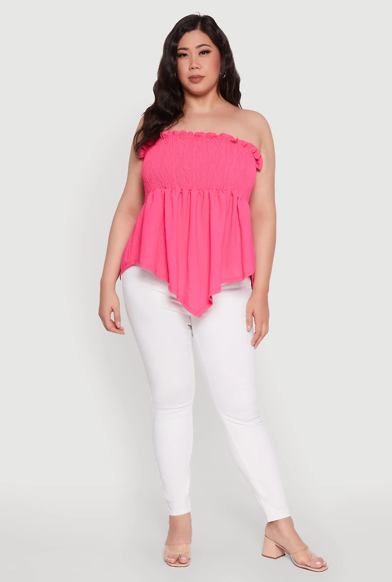 Womens Plus Size Smocked Strapless Peplum Tube Top in Solid Crepe Knit, Pink, Size 4X