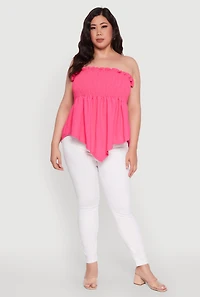 Womens Plus Size Smocked Strapless Peplum Tube Top in Solid Crepe Knit, Pink, Size 4X